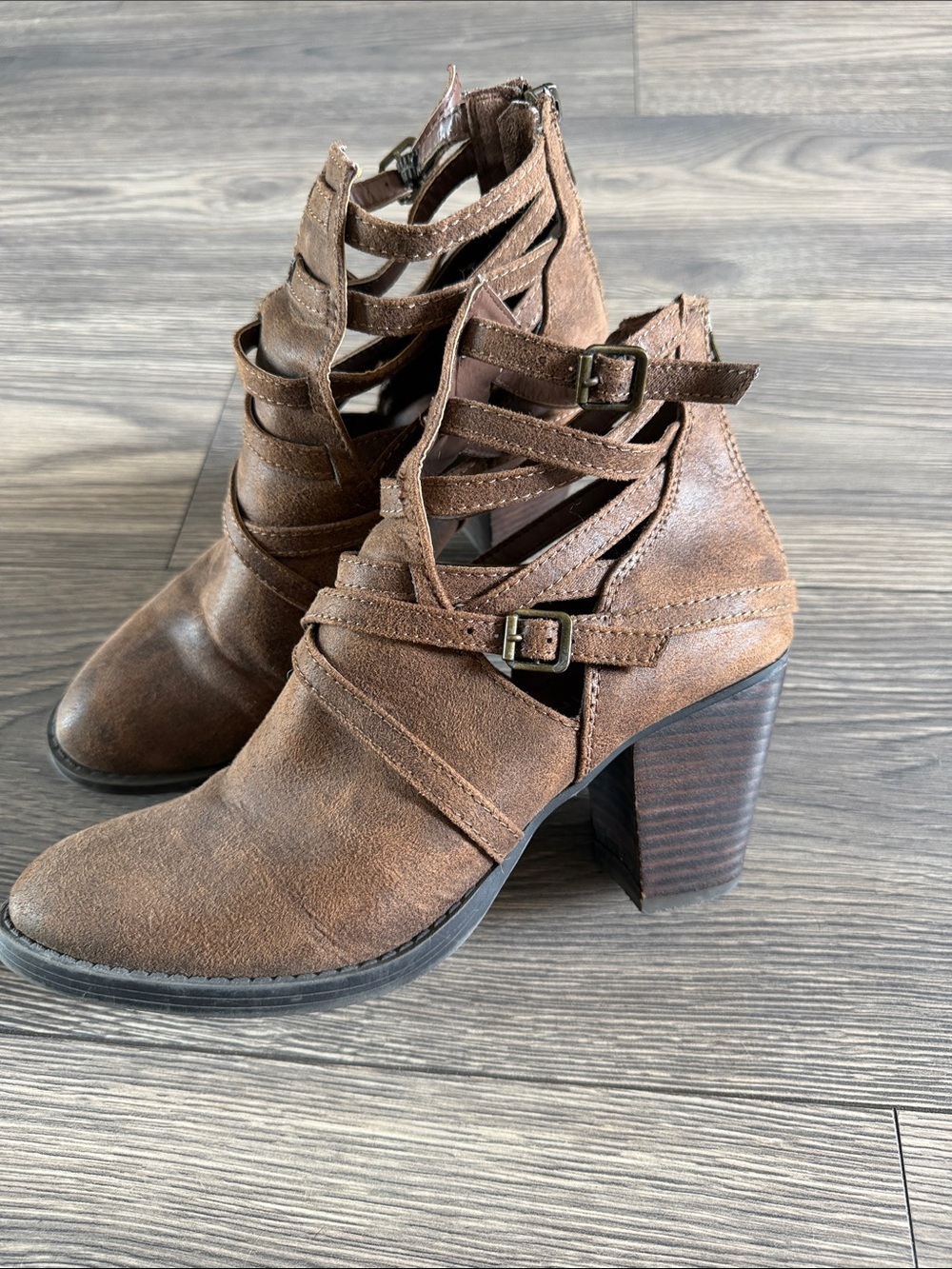 Massini Brown Cutout Strappy Block Heel Ankle Boots